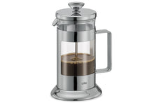 Load image into Gallery viewer, French press coffee maker with glass container and metal lid on a white background