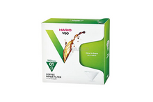 Load image into Gallery viewer, Box of Hario V60 coffee paper filters on a white background, size 01, box of 100