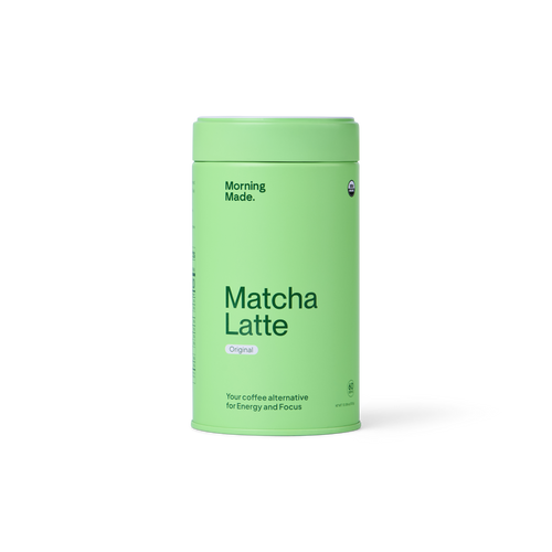 Green container of 'Morning Made' Matcha Latte on a white background