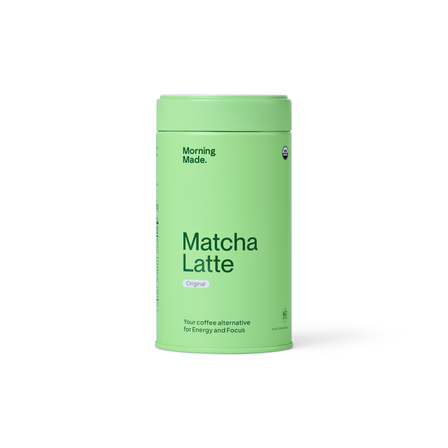 Green container of 'Morning Made' Matcha Latte on a white background