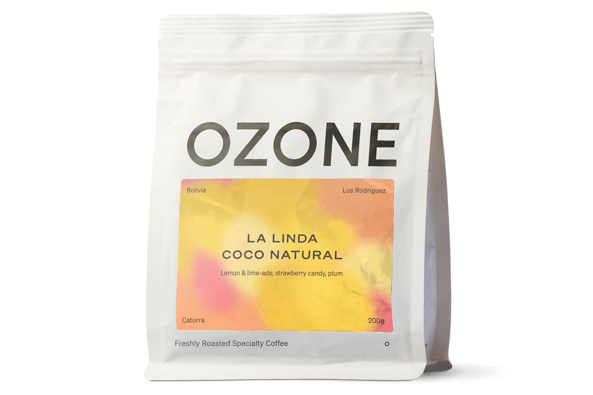 Ozone coffee bag with 'La Linda Coco Natural' flavor on a white background