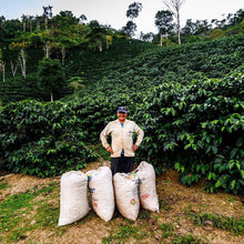 Load image into Gallery viewer, Gregorio Palli Mamani with sacks of his coffee
