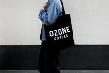 Load image into Gallery viewer, Ozone coffee logo black tote bag
